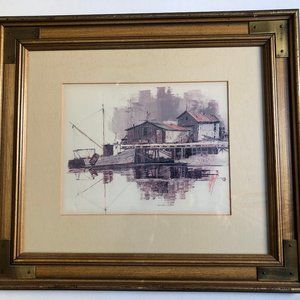 Old village water front scene framed print wall art home decor